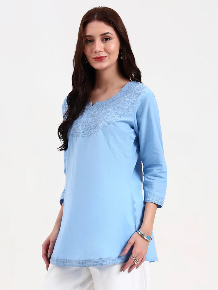 Sky Blue Cotton Straight Peplum Top