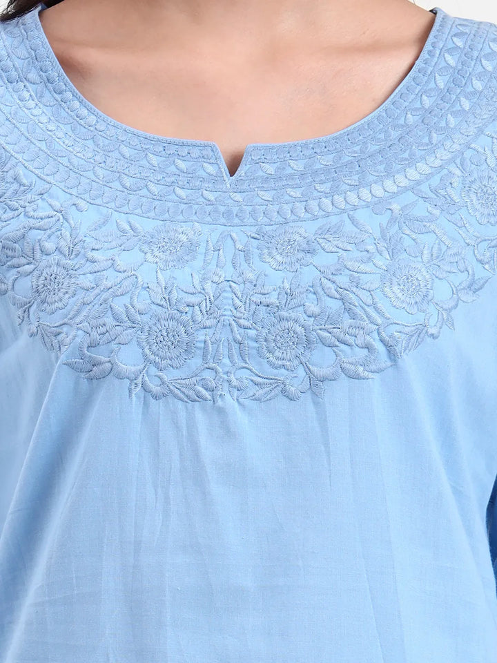 Sky Blue Cotton Straight Peplum Top