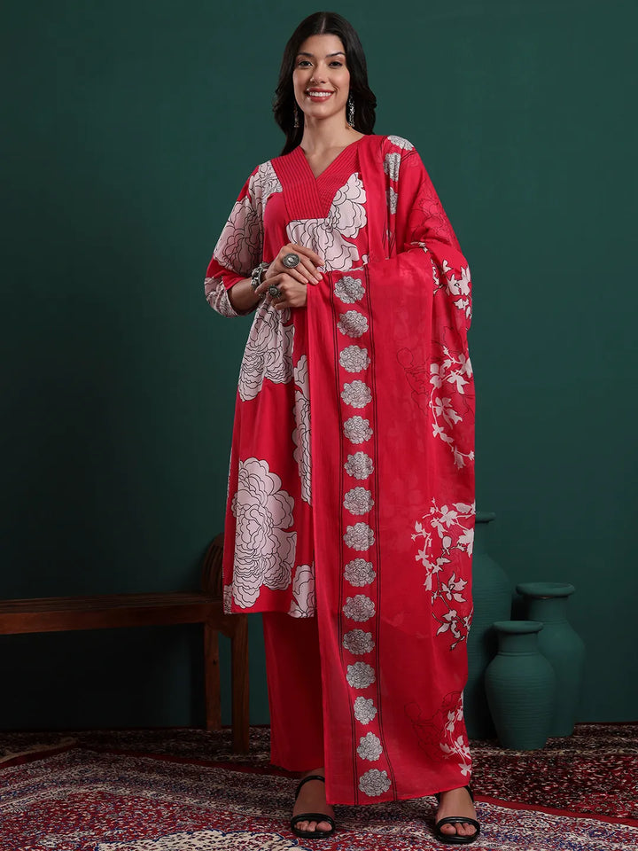 Hot Pink Cotton Floral Print A-Line Kurta Pants & Dupatta Set
