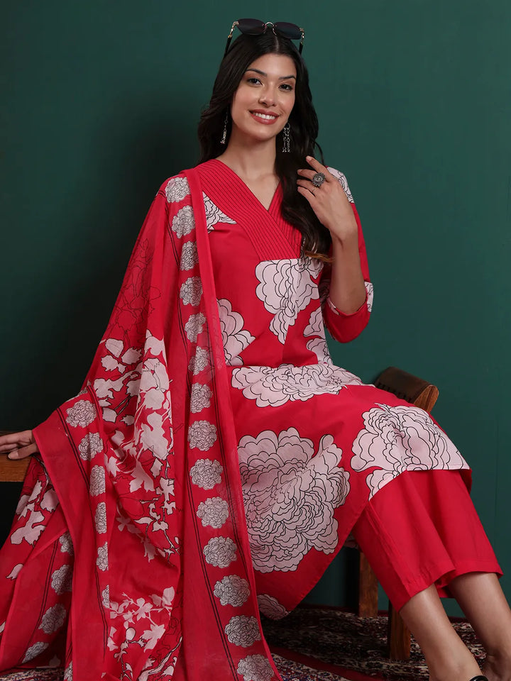 Hot Pink Cotton Floral Print A-Line Kurta Pants & Dupatta Set