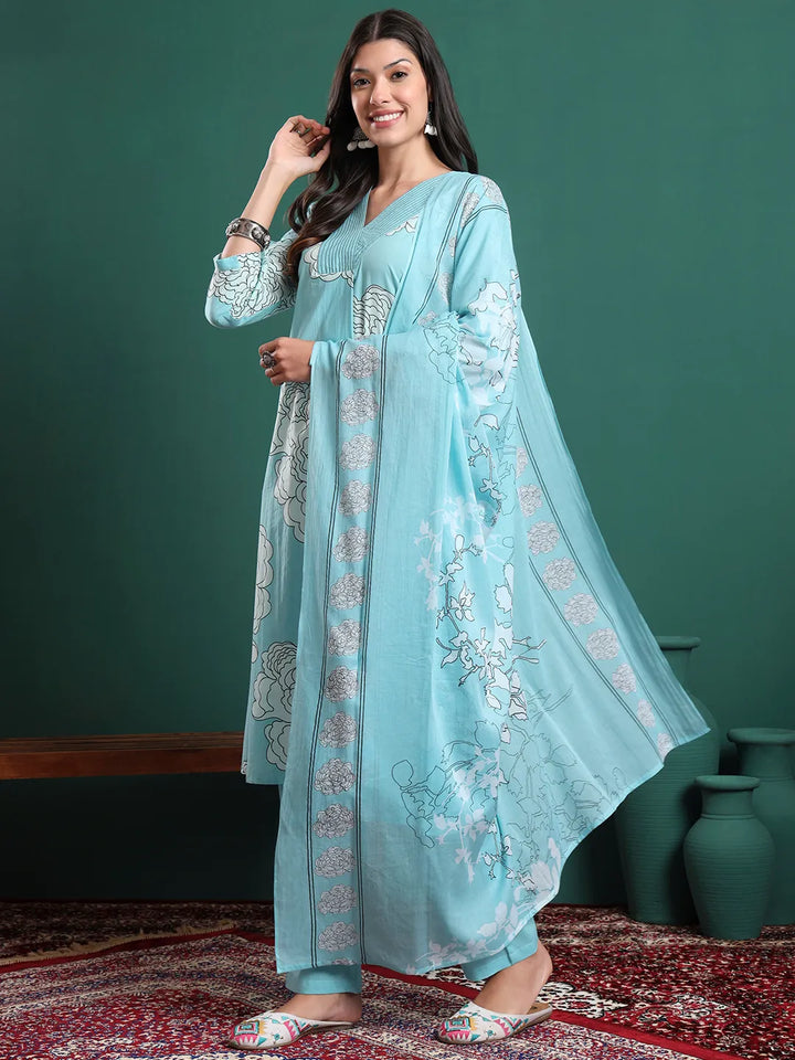 Sky Blue Cotton Floral Print A-Line Kurta Pants & Dupatta Set