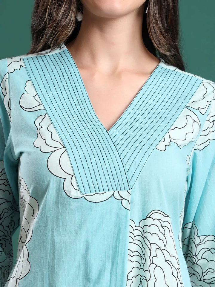 Sky Blue Cotton Floral Print A-Line Kurta Pants & Dupatta Set