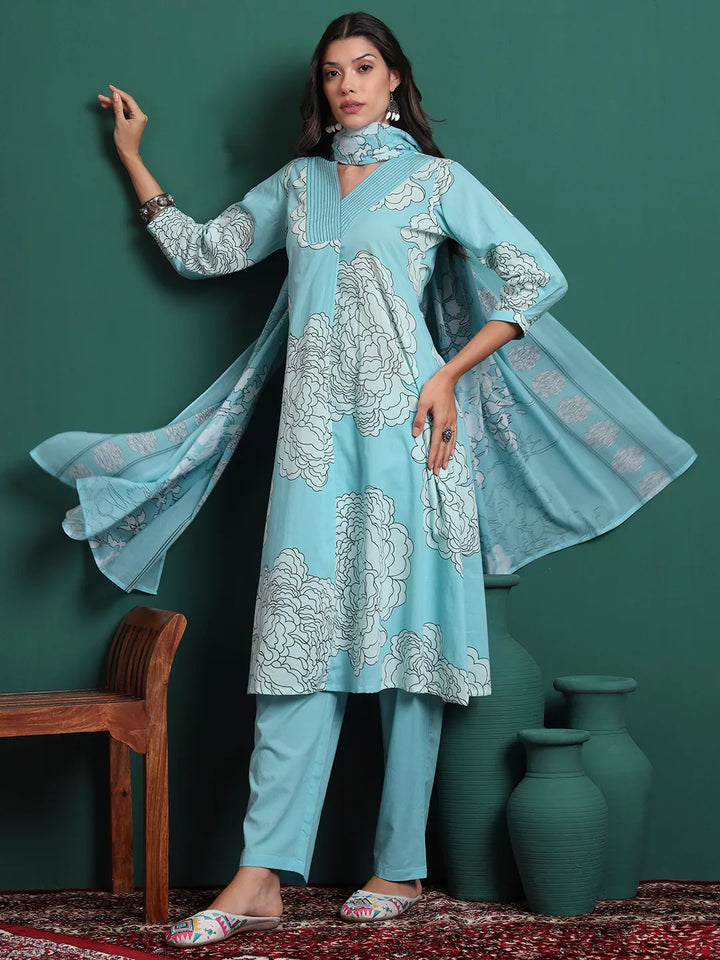Sky Blue Cotton Floral Print A-Line Kurta Pants & Dupatta Set