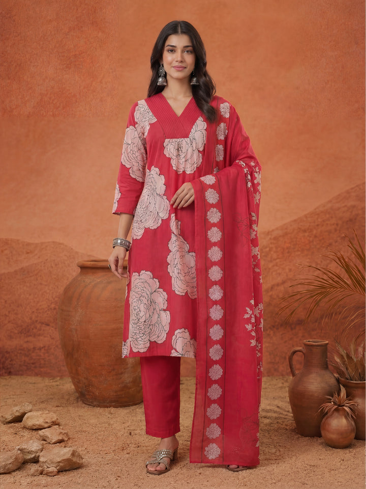 Hot Pink Cotton Floral Print A-Line Kurta Pants Dupatta Set
