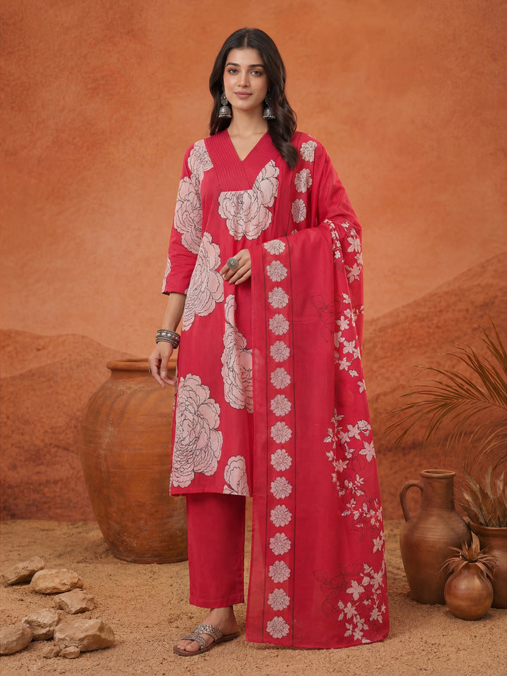 Hot Pink Cotton Floral Print A-Line Kurta Pants Dupatta Set
