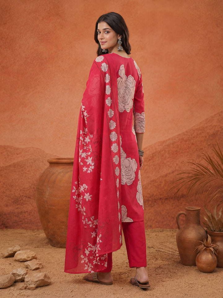 Hot Pink Cotton Floral Print A-Line Kurta Pants Dupatta Set