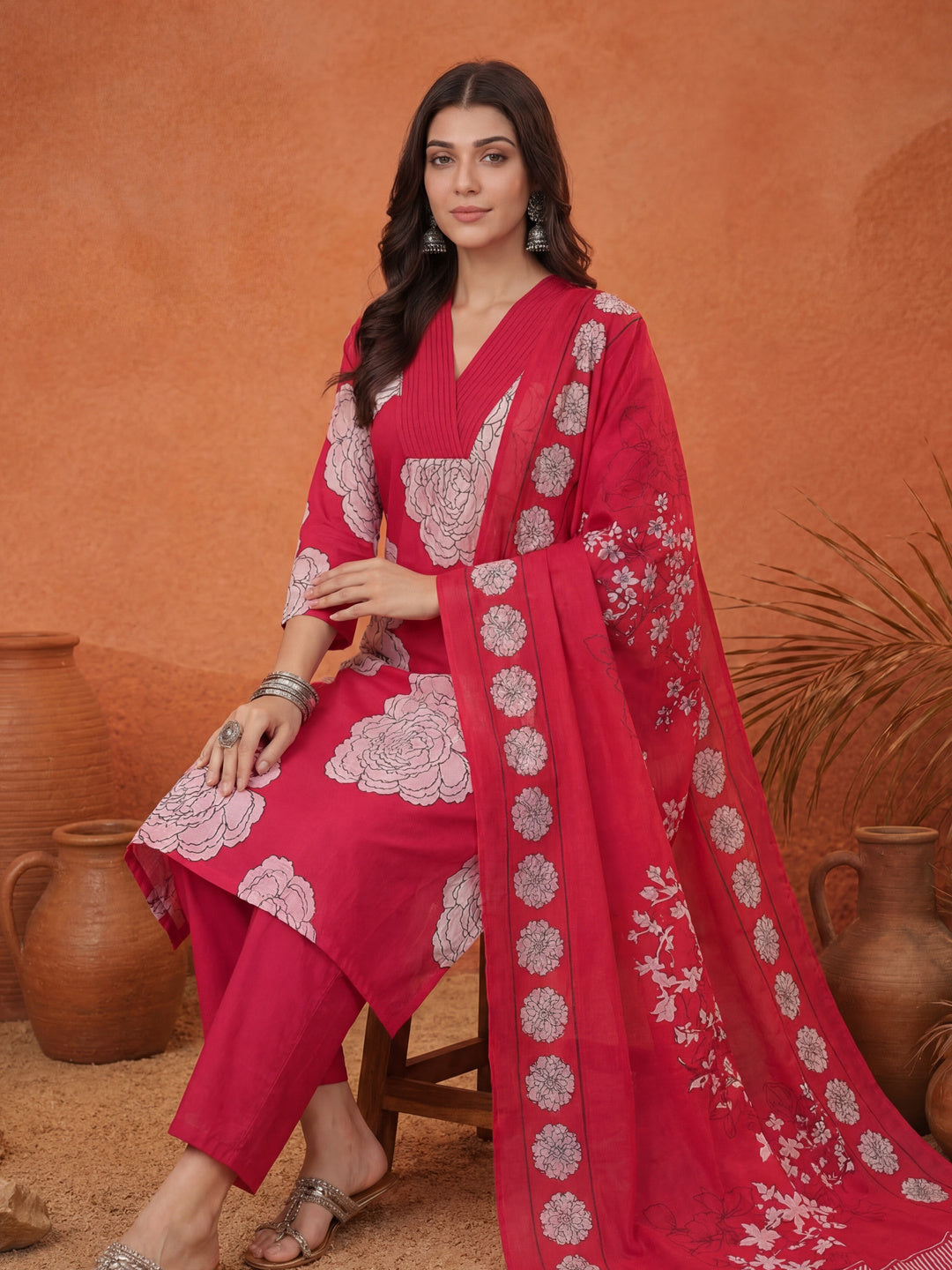 Hot Pink Cotton Floral Print A-Line Kurta Pants Dupatta Set