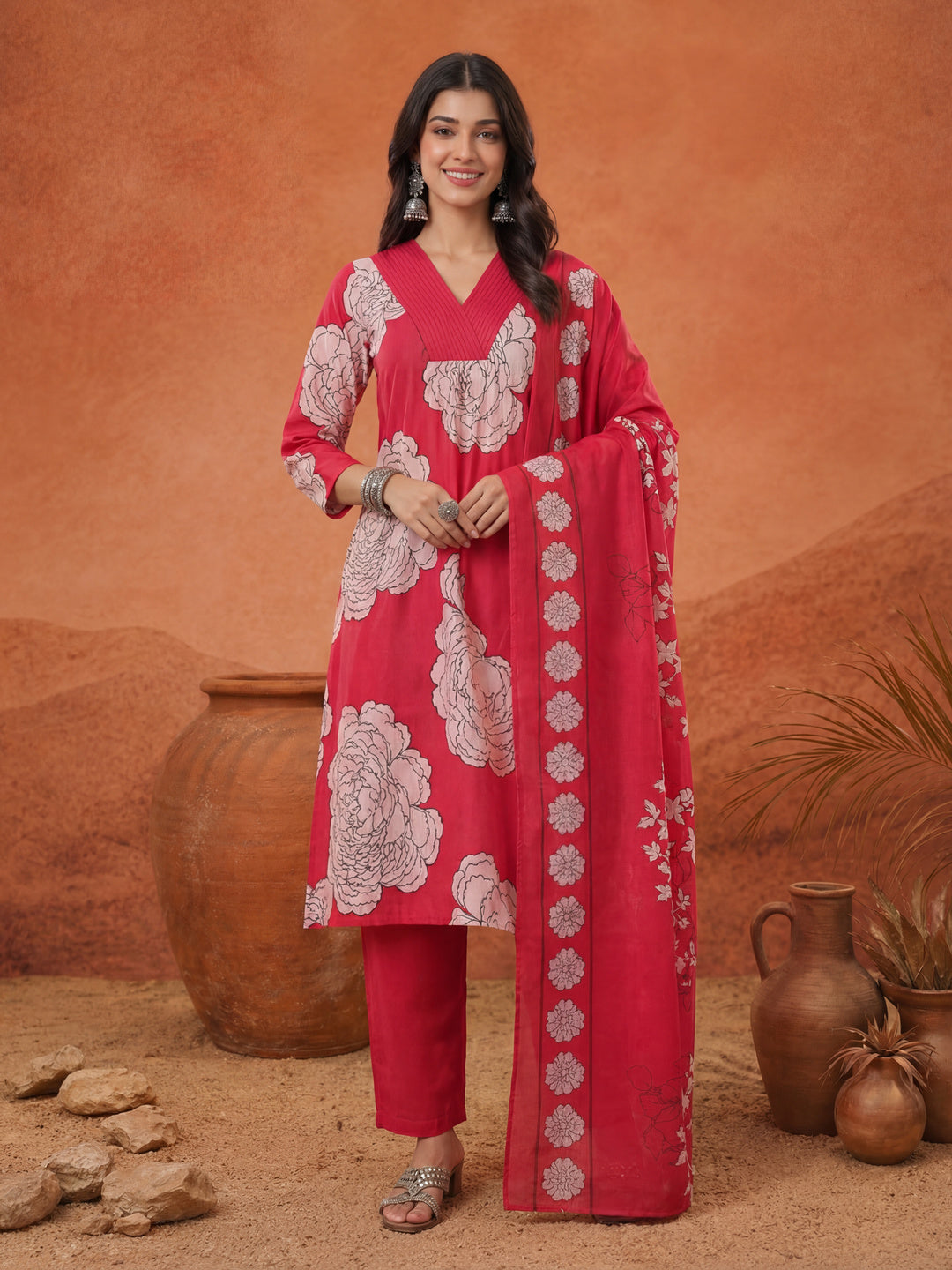 Hot Pink Cotton Floral Print A-Line Kurta Pants Dupatta Set