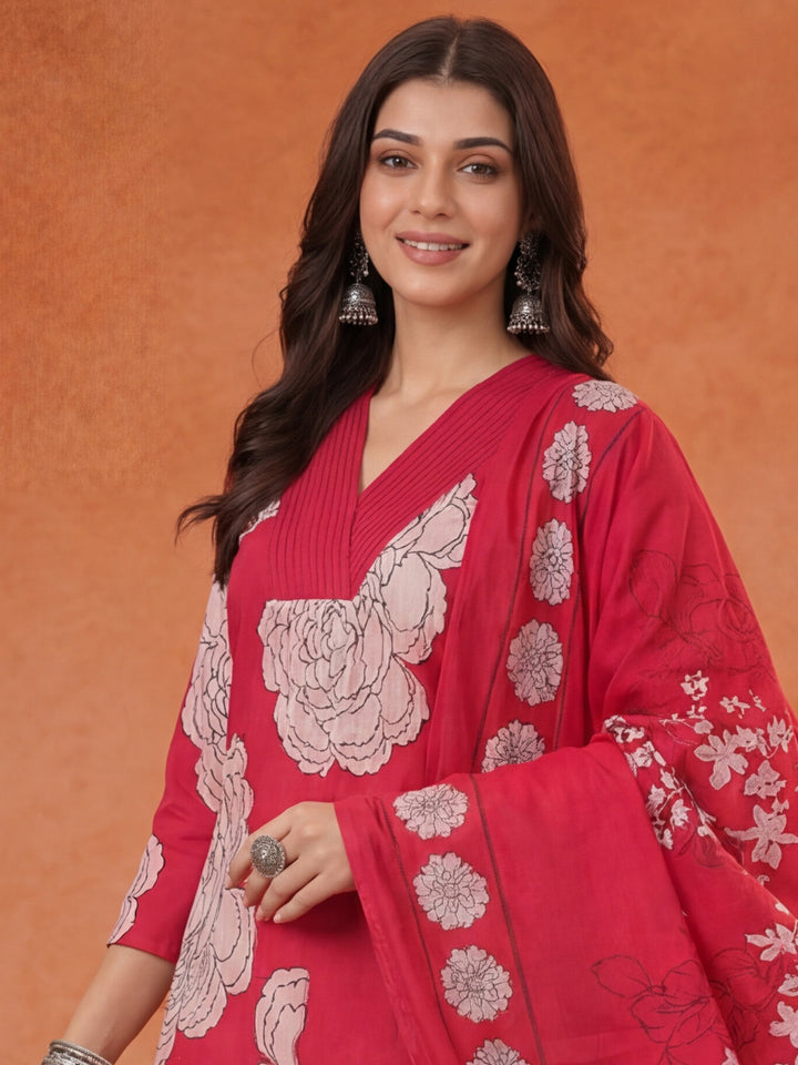 Hot Pink Cotton Floral Print A-Line Kurta Pants Dupatta Set