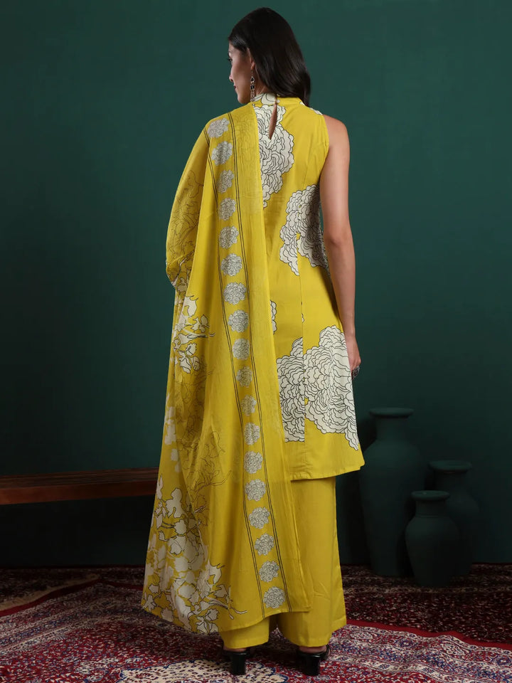 Mustard Cotton Aline Halter Neck Kurta Palazzo & Dupatta Set