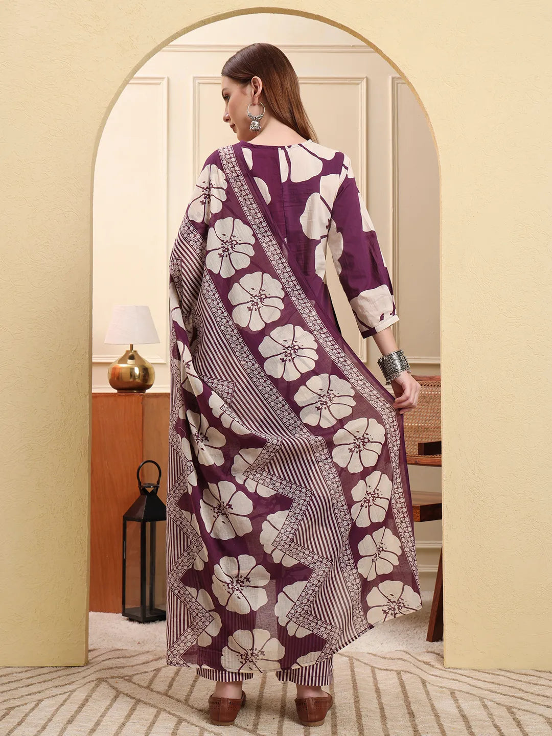 Purple Floral A-Line Kurta Trouser Dupatta Set