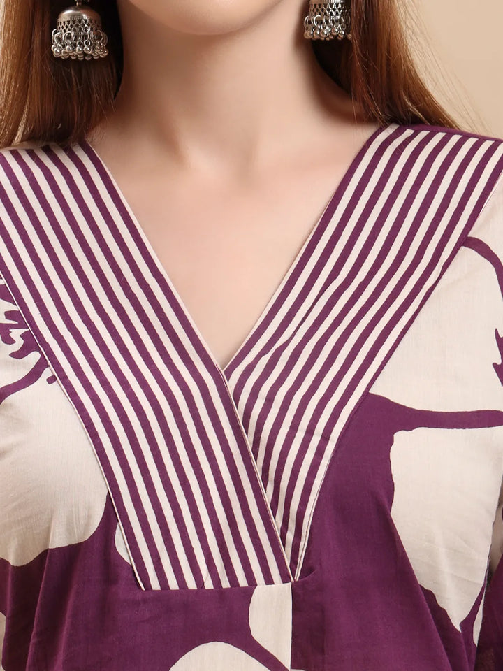 Purple Floral A-Line Kurta Trouser Dupatta Set