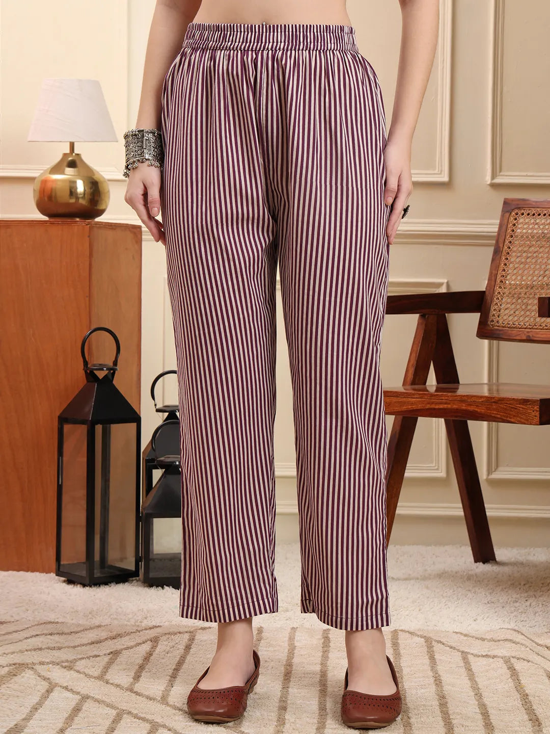 Purple Floral A-Line Kurta Trouser Dupatta Set