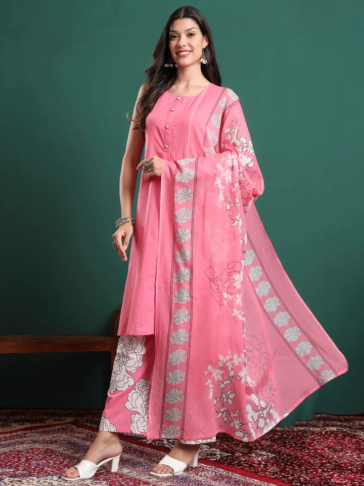 Pink Cotton Aline Sleeveless Kurta Palazzo Dupatta Set