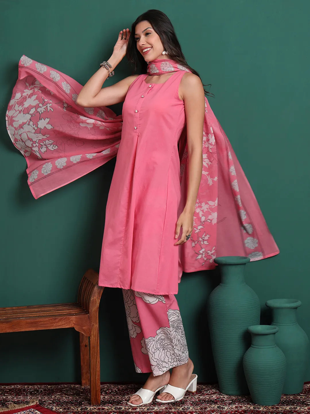 Pink Cotton Aline Sleeveless Kurta Palazzo Dupatta Set
