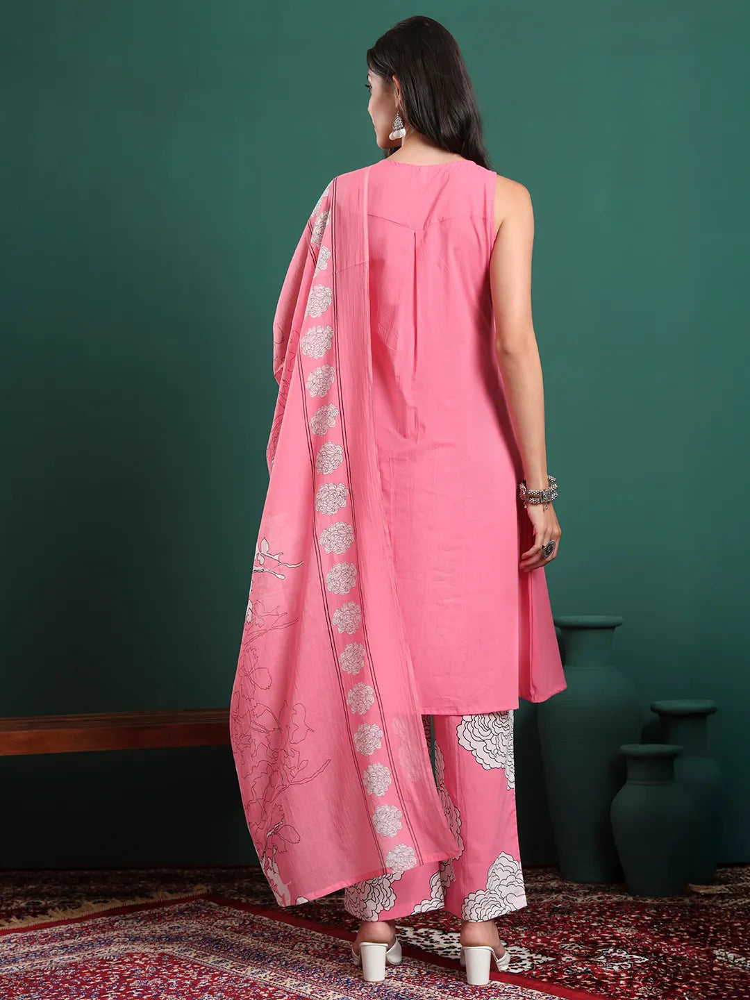 Pink Cotton Aline Sleeveless Kurta Palazzo Dupatta Set