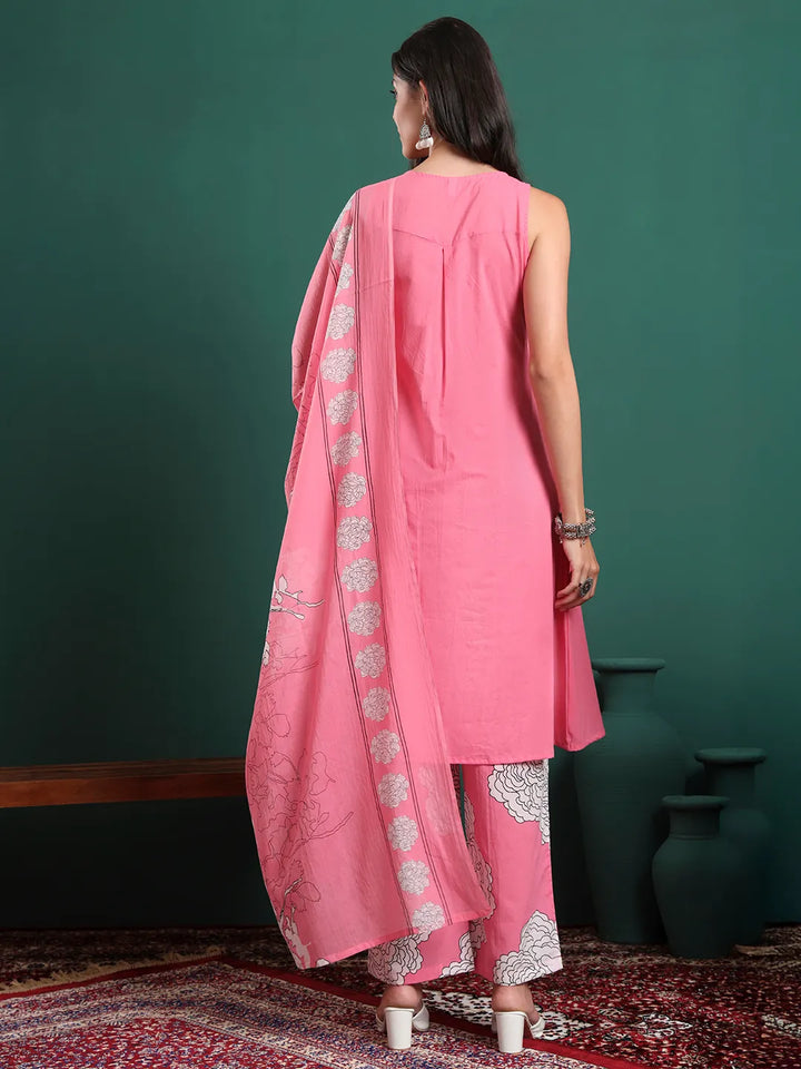 Pink Cotton Aline Sleeveless Kurta Palazzo Dupatta Set