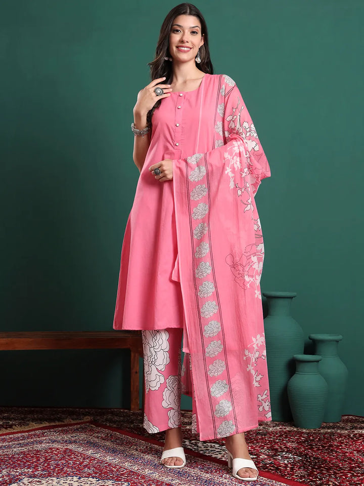 Pink Cotton Aline Sleeveless Kurta Palazzo Dupatta Set