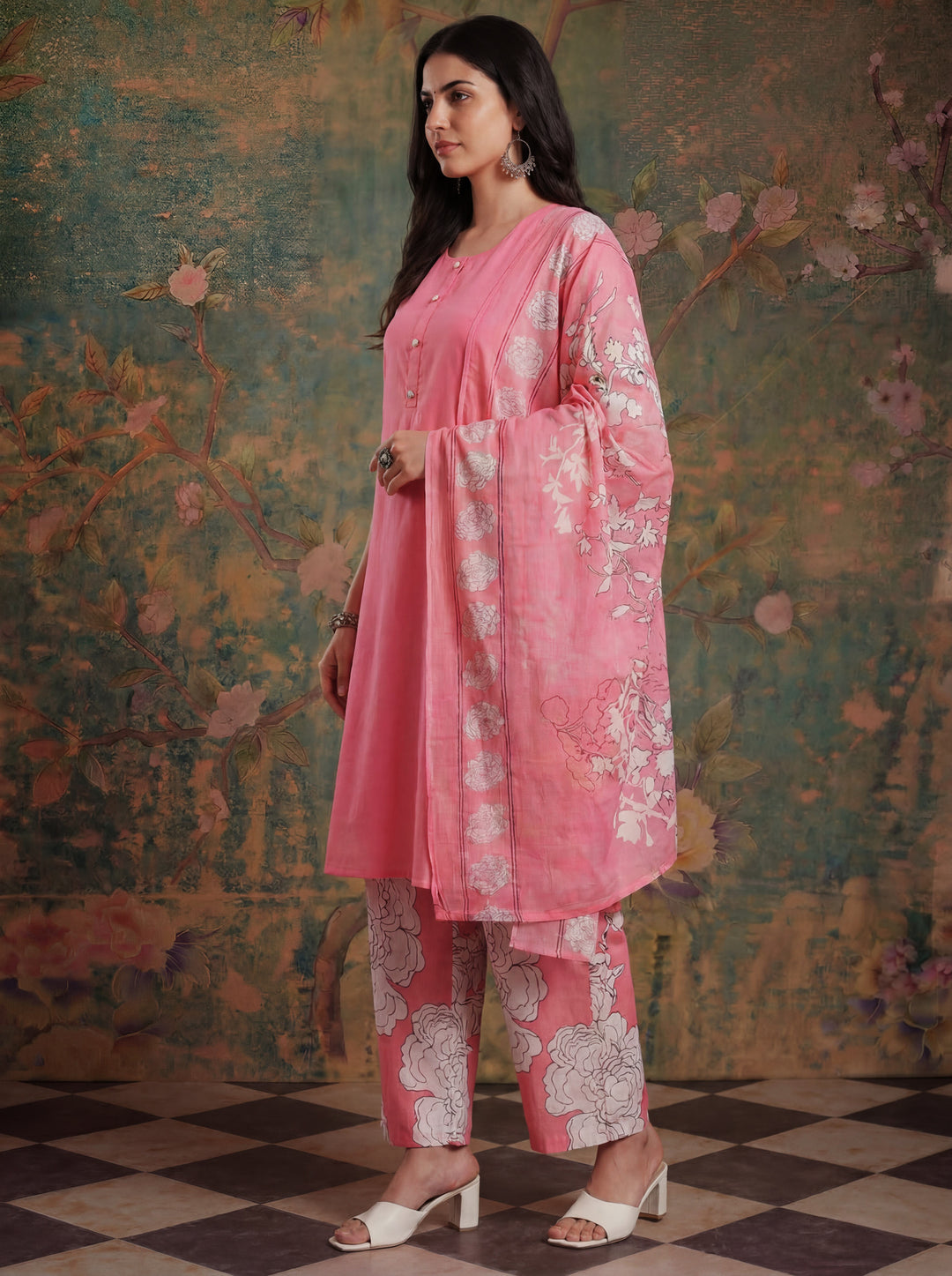 Pink Cotton Aline Sleeveless Kurta Palazoo Dupatta Set