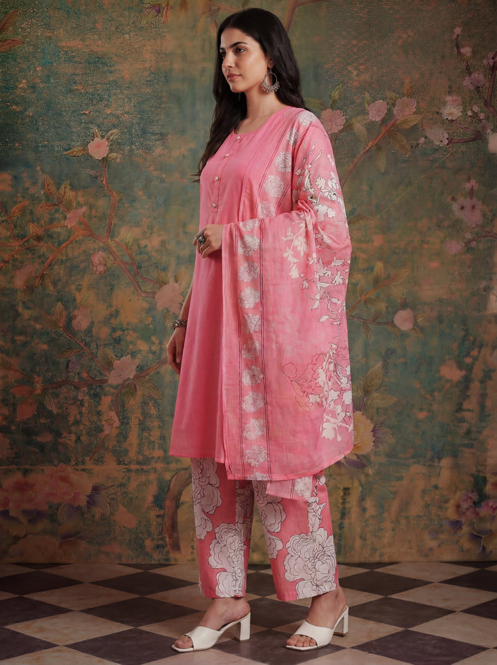 Pink Cotton Aline Sleeveless Kurta Palazoo Dupatta Set
