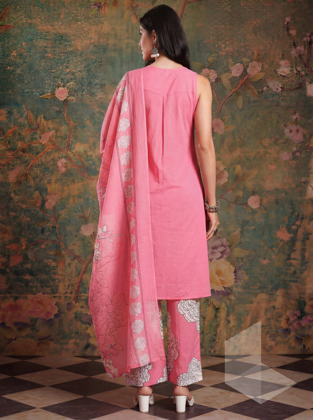 Pink Cotton Aline Sleeveless Kurta Palazoo Dupatta Set