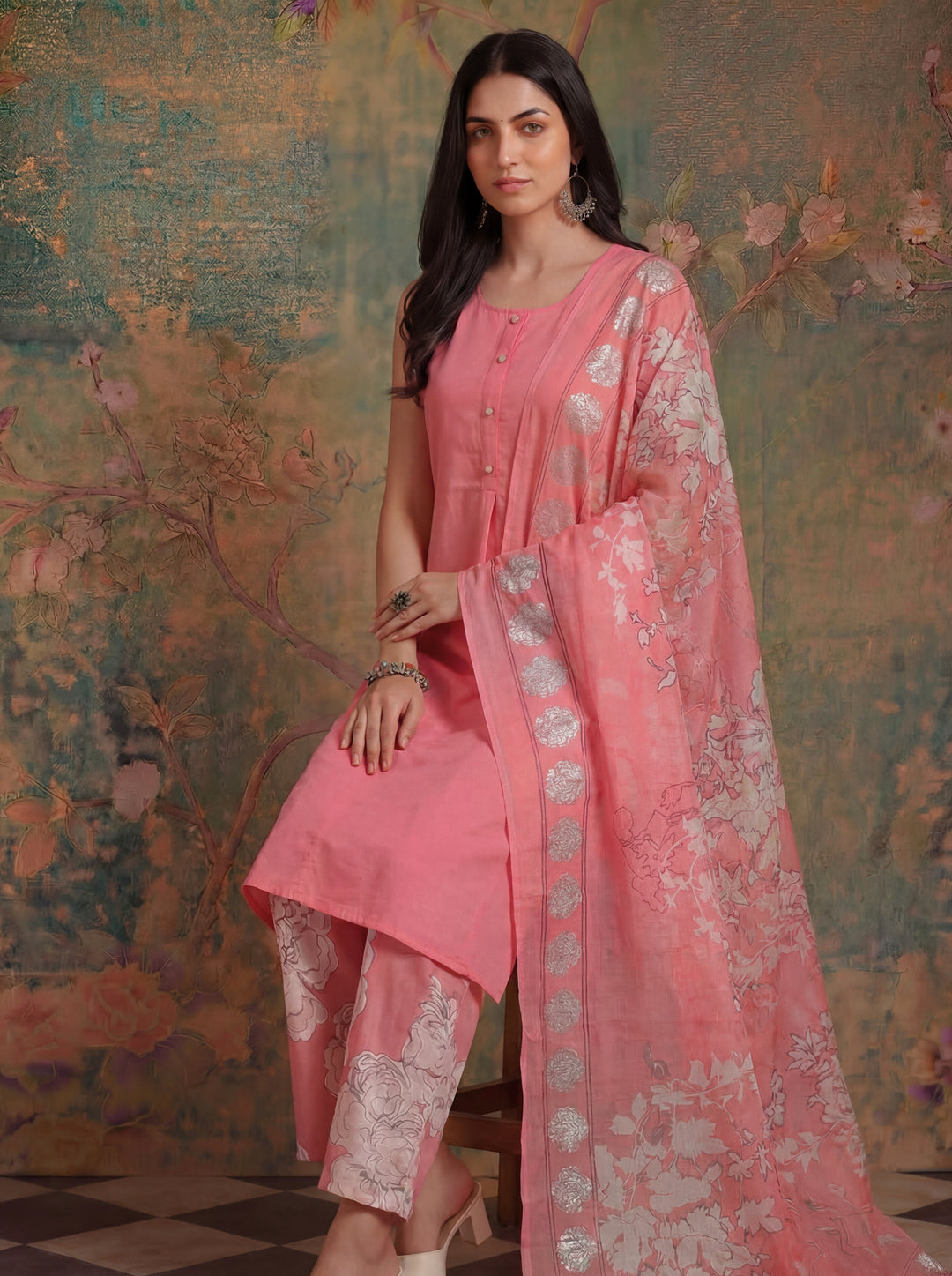 Pink Cotton Aline Sleeveless Kurta Palazoo Dupatta Set