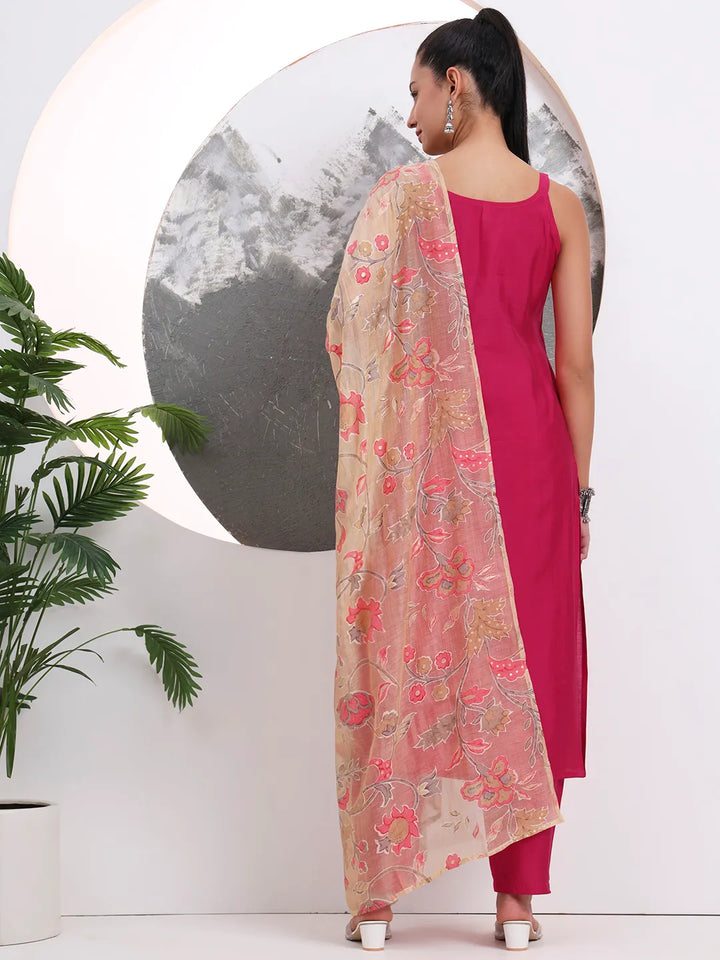 Pink Solid Straight Silk Blend Sleeveless Kurta Trouser Dupatta Set