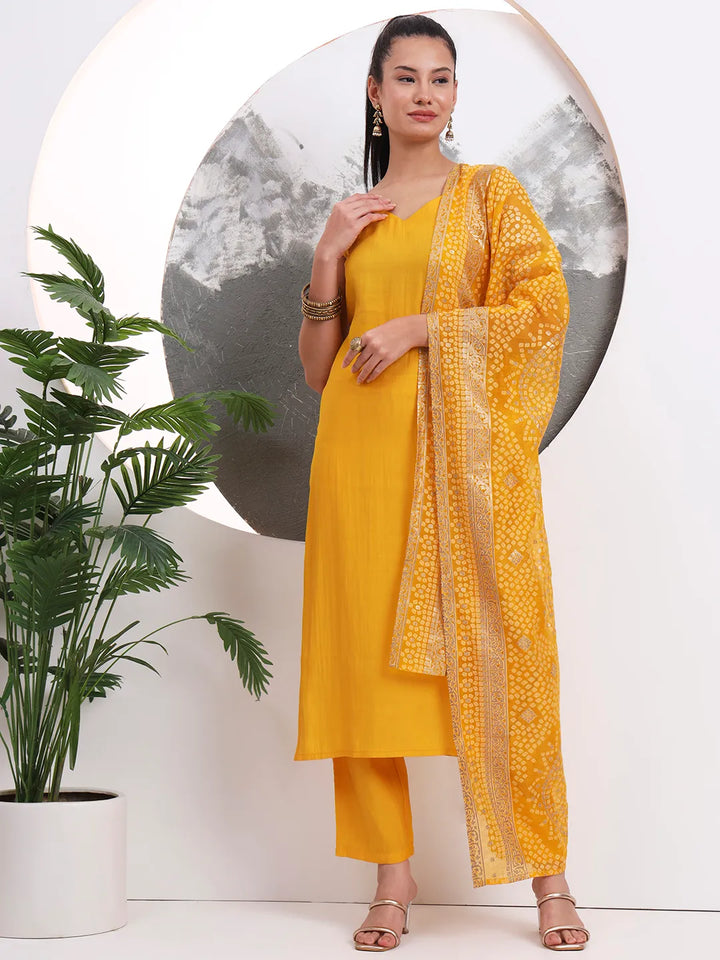 Yellow Solid Straight Silk Blend Sleeveless Kurta Trouser Dupatta Set
