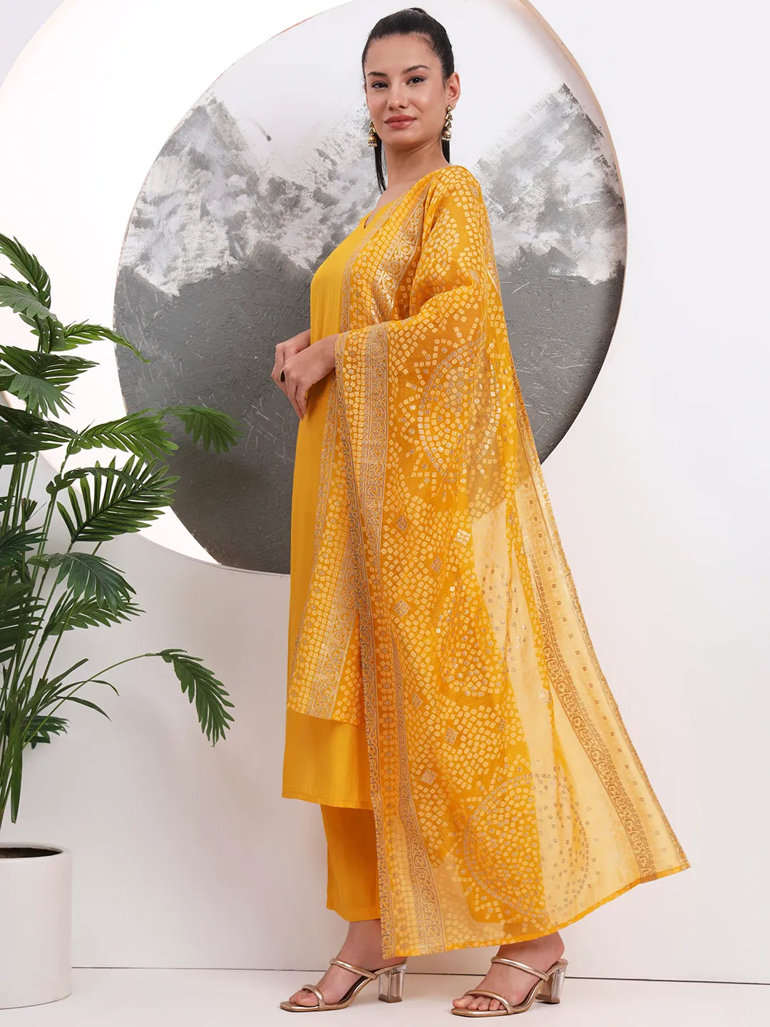 Yellow Solid Straight Silk Blend Sleeveless Kurta Trouser Dupatta Set