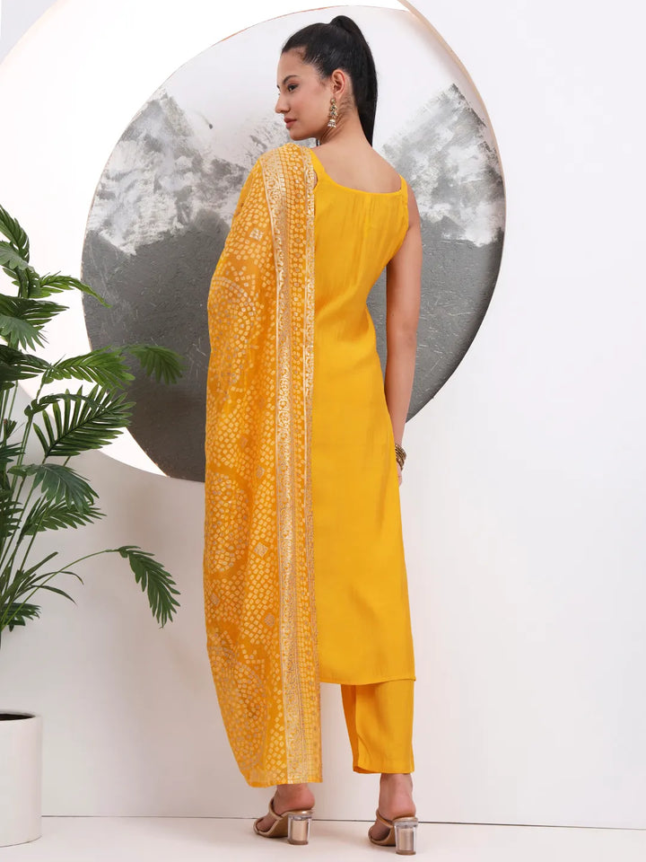 Yellow Solid Straight Silk Blend Sleeveless Kurta Trouser Dupatta Set
