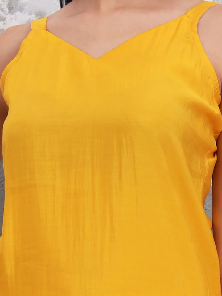 Yellow Solid Straight Silk Blend Sleeveless Kurta Trouser Dupatta Set