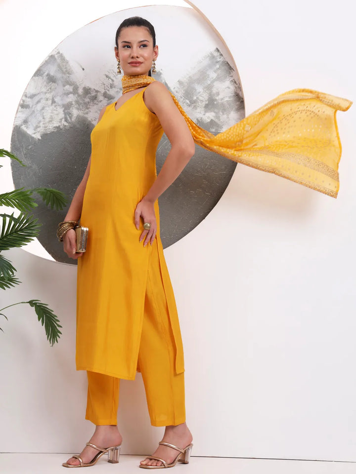Yellow Solid Straight Silk Blend Sleeveless Kurta Trouser Dupatta Set