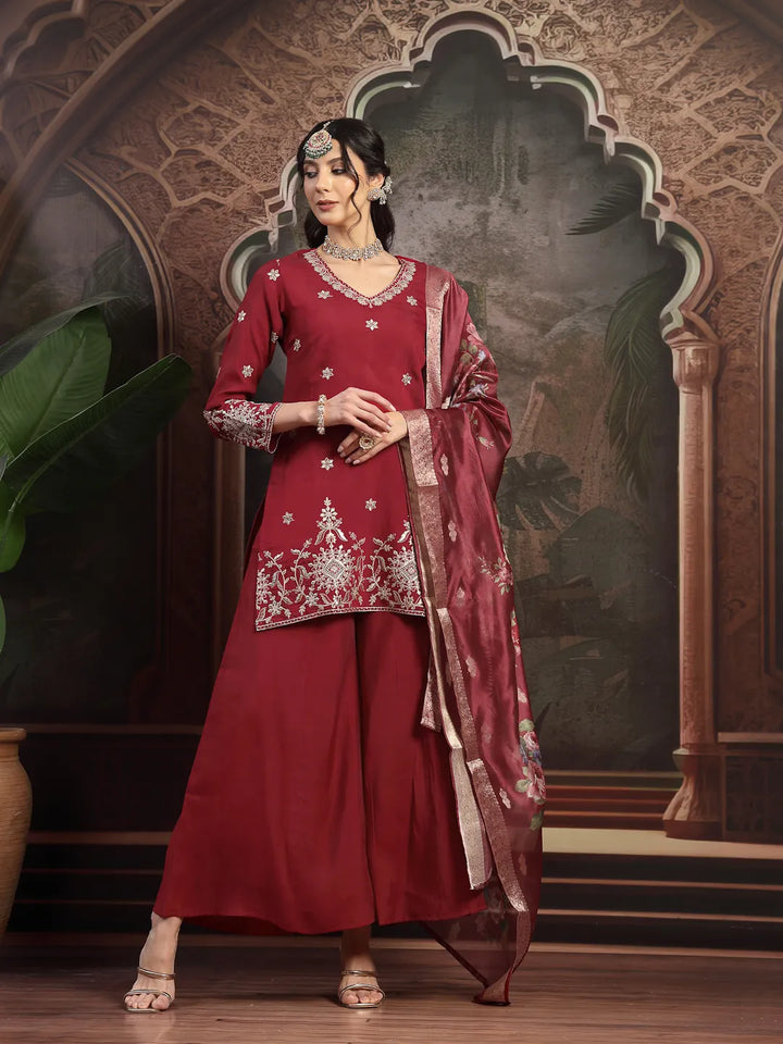 Maroon Mul Chanderi Short Kurta Palazzo Set