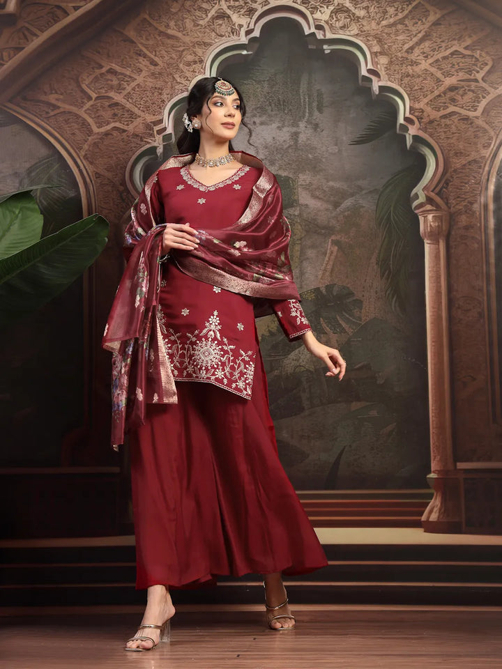 Maroon Mul Chanderi Short Kurta Palazzo Set