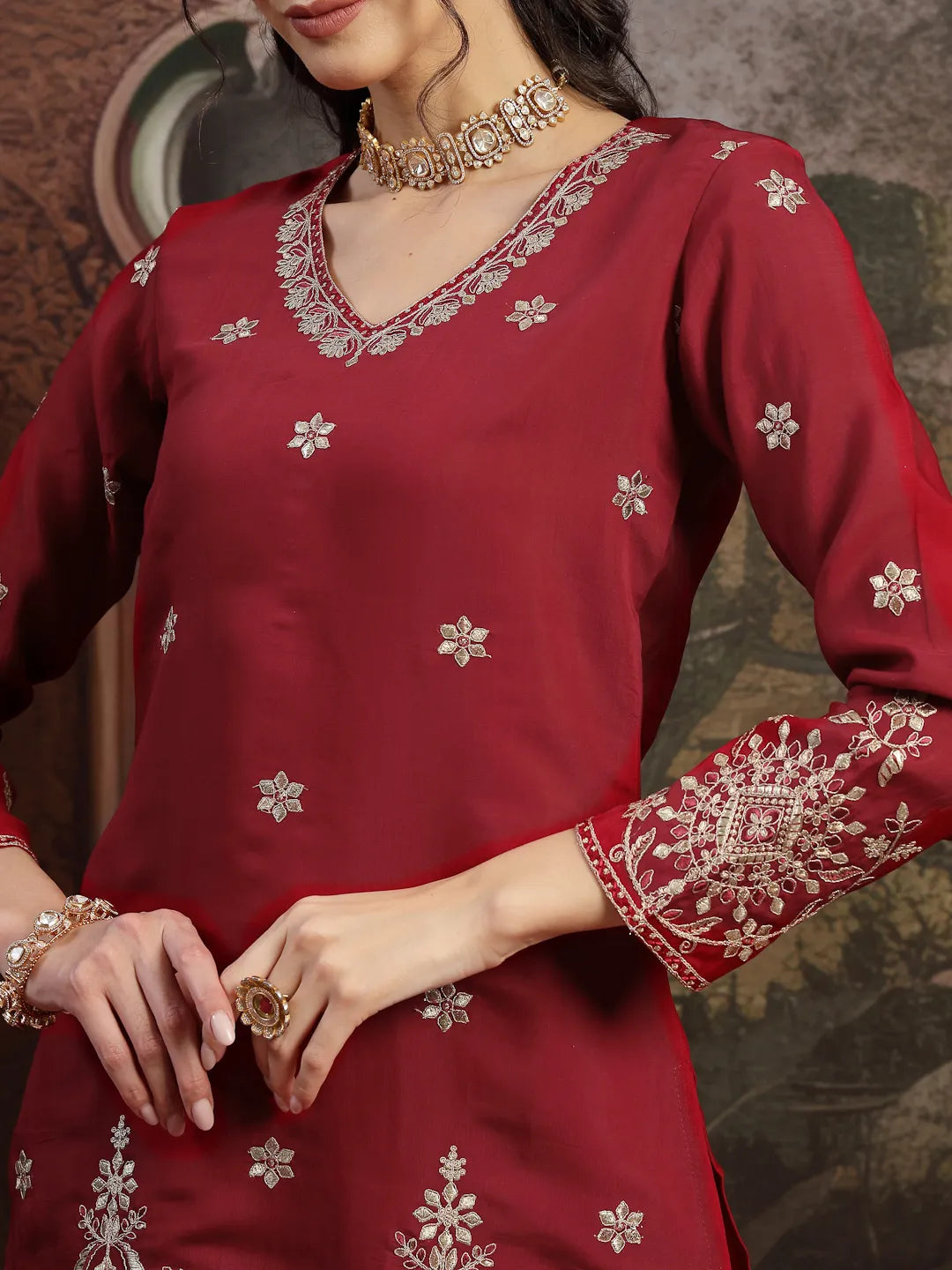 Maroon Mul Chanderi Short Kurta Palazzo Set