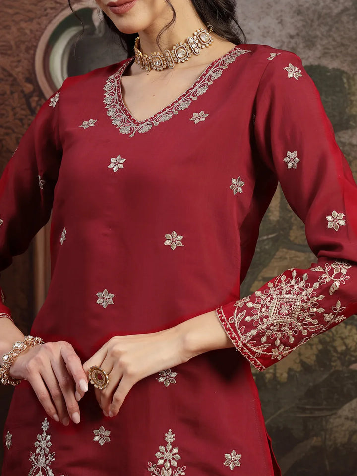 Maroon Mul Chanderi Short Kurta Palazzo Set