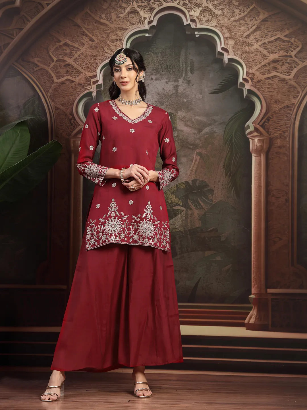 Maroon Mul Chanderi Short Kurta Palazzo Set