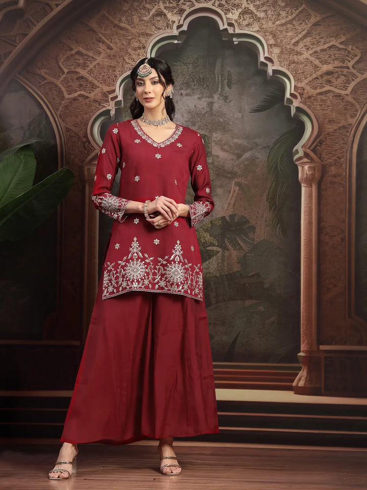 Maroon Mul Chanderi Short Kurta Palazzo Set