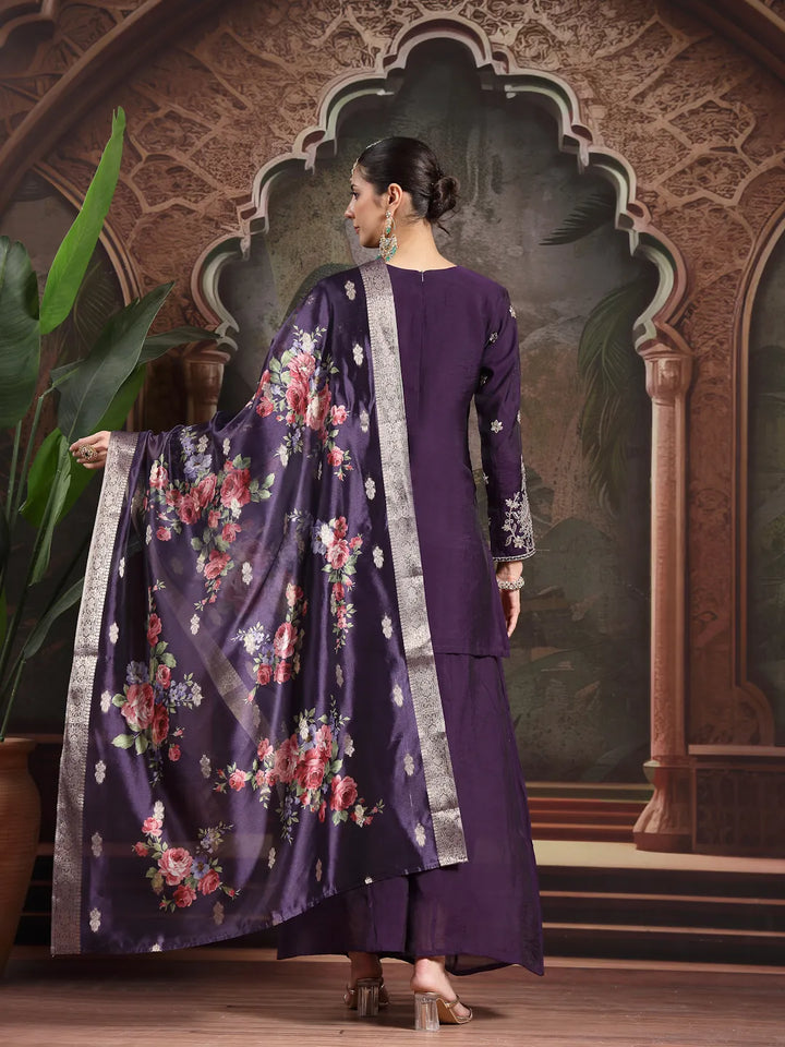Purple Mul Chanderi Short Kurta Palazoo Set