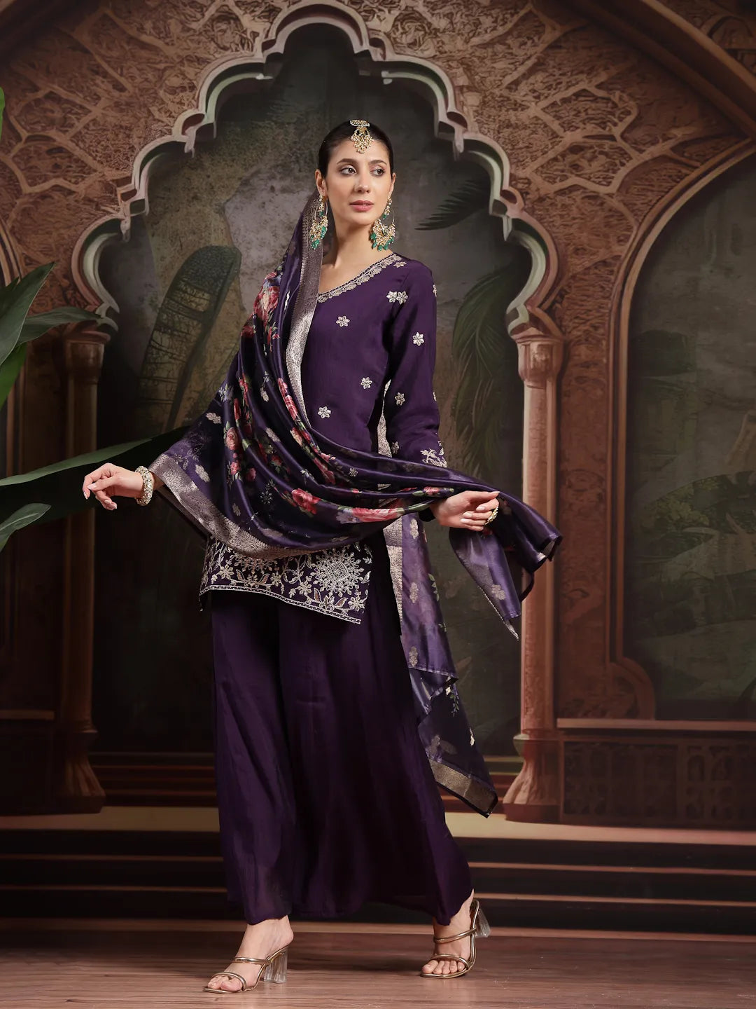 Purple Mul Chanderi Short Kurta Palazoo Set