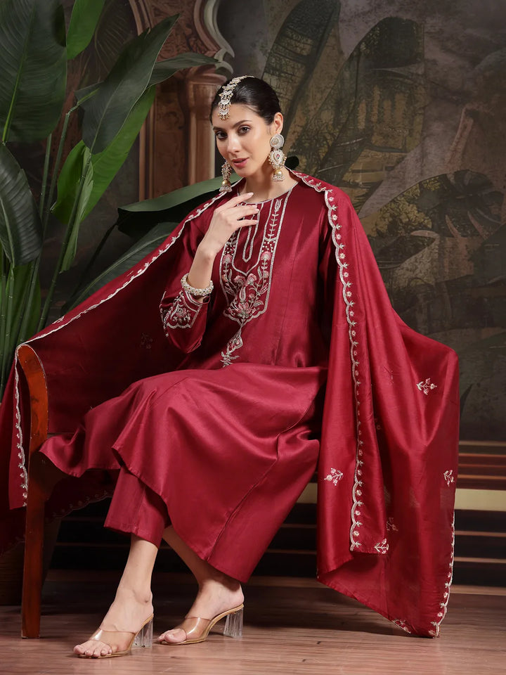 Maroon Embroidered A-Line Kurta Trouser Dupatta Set