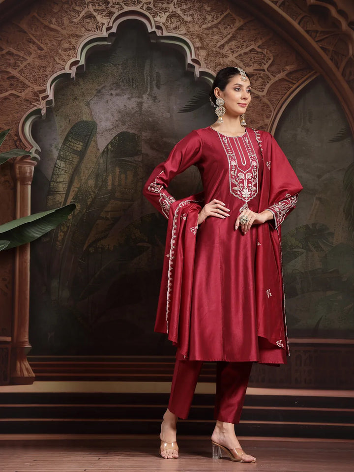 Maroon Embroidered A-Line Kurta Trouser Dupatta Set
