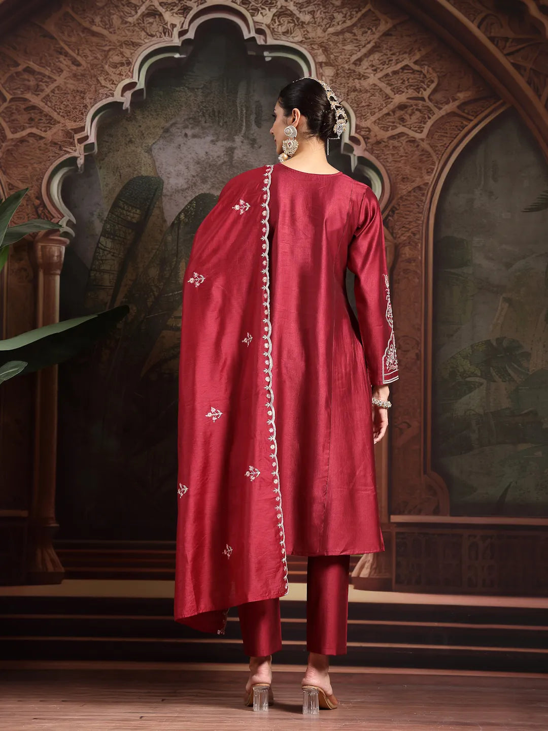 Maroon Embroidered A-Line Kurta Trouser Dupatta Set