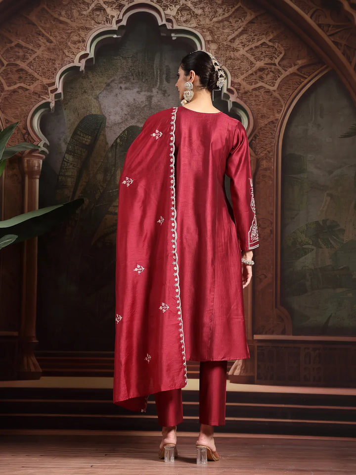 Maroon Embroidered A-Line Kurta Trouser Dupatta Set