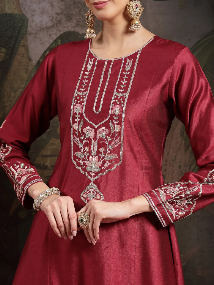 Maroon Embroidered A-Line Kurta Trouser Dupatta Set