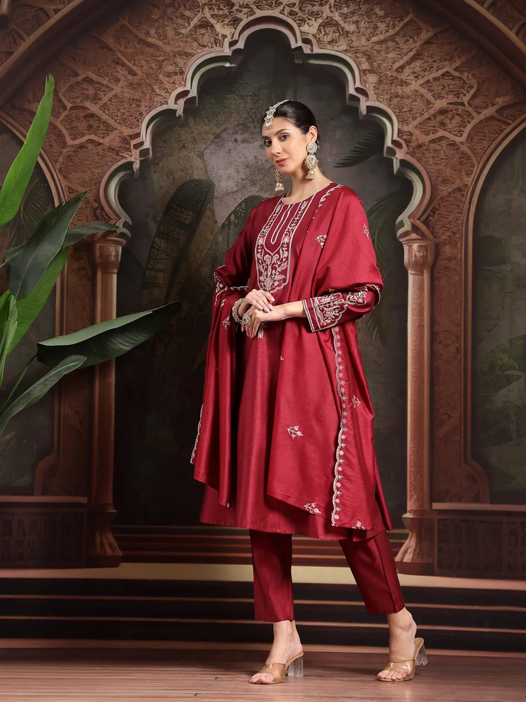 Maroon Embroidered A-Line Kurta Trouser Dupatta Set