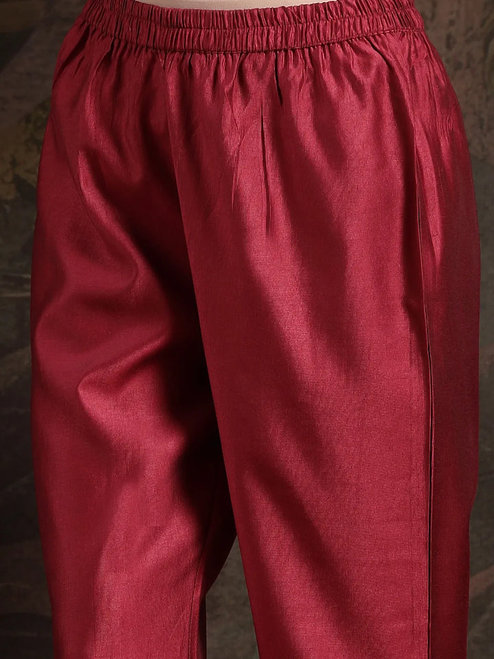 Maroon Embroidered A-Line Kurta Trouser Dupatta Set