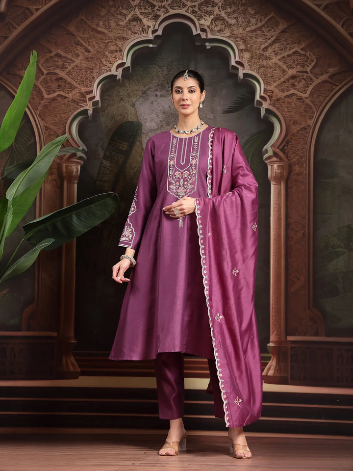 Purple Thread Work A-Line Kurta Trouser Dupatta Set