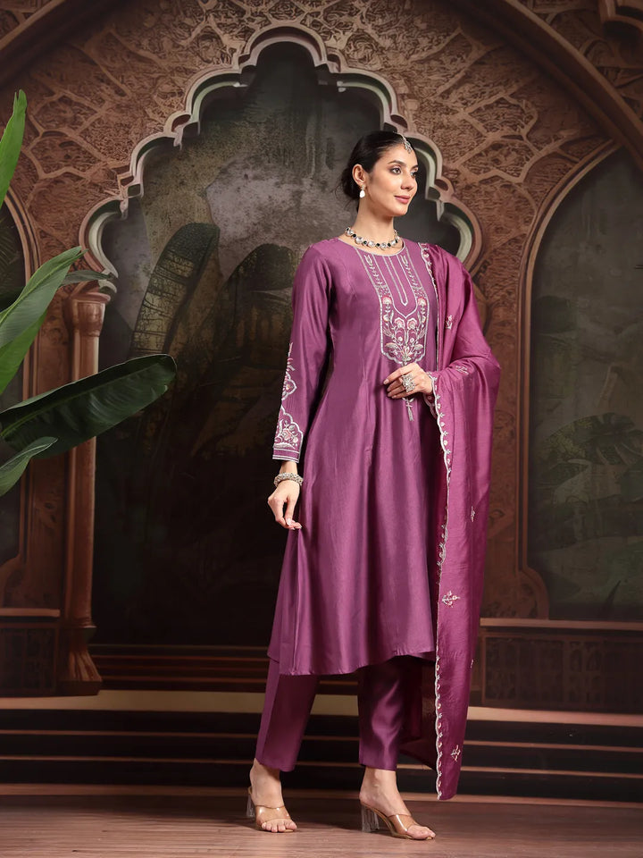 Purple Thread Work A-Line Kurta Trouser Dupatta Set