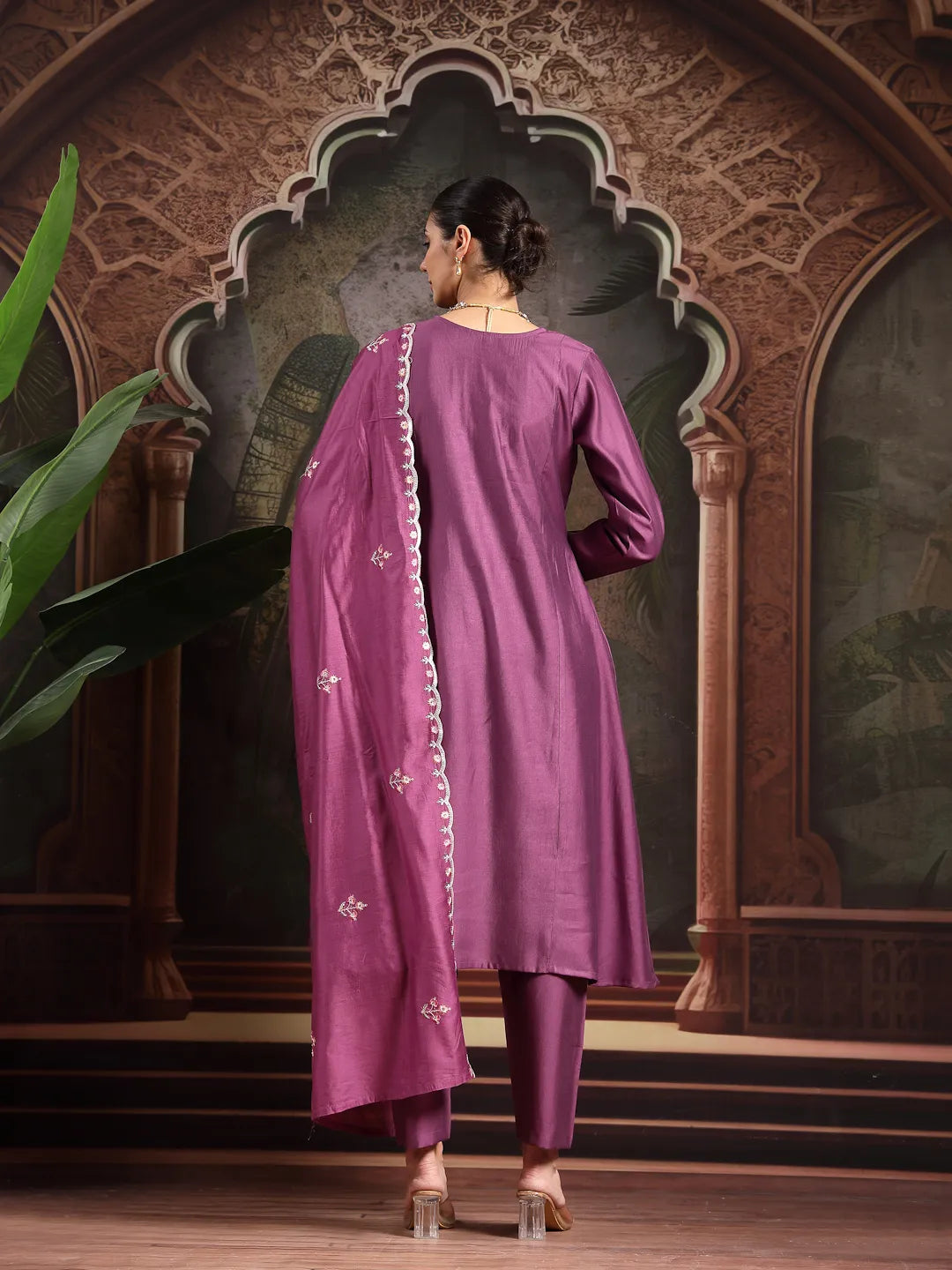 Purple Thread Work A-Line Kurta Trouser Dupatta Set
